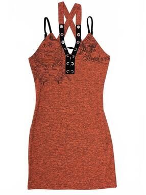 Y2K 3R Streetwear Orange Black Tank Mini Dress Lace Up V Neck Graphic Prints M